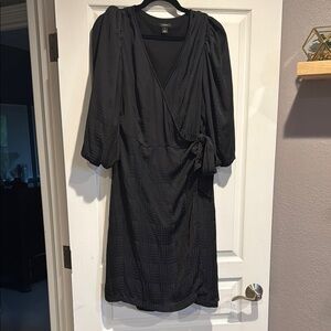 Halogen Black Ruched Wrap Dress with Plunge Neckline